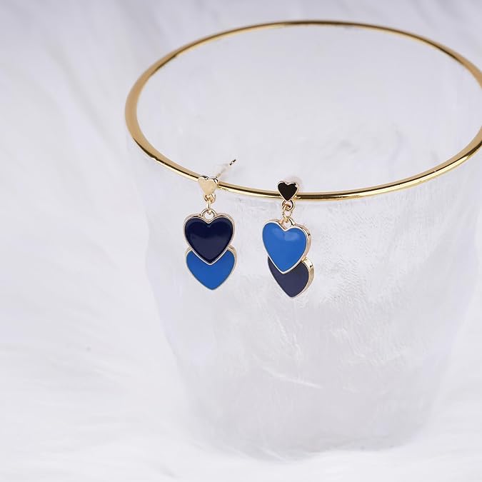 El Regalo 1 Pair Double Love Heart Drop Earrings- Valentine's Day Gift- Two Tone Oil Drop Heart Dangle Earrings for Girls & Women (Black+Blue)