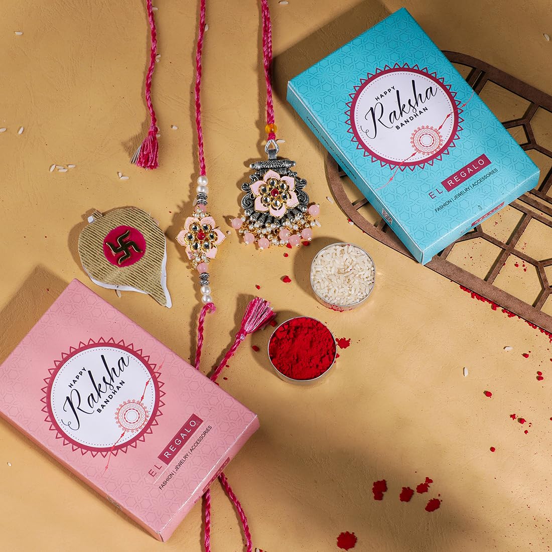 El Regalo Designer Bhaiya- Bhabhi Rakhi Luma/Lumba Set- Kundan, Pearls Rakhi with Roli Chawal in Gift Box- Luma Convertible into Necklace (Option-7)