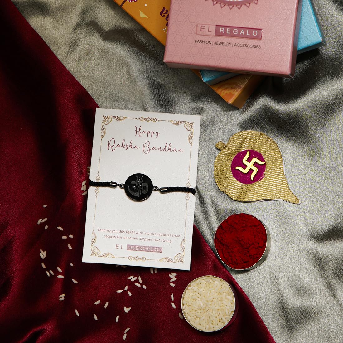 El Regalo 1 PC Stainless Steel OM/Aum Rakhi for Brother - Anti Tarnish Adjustable Rakhi Bracelet for Bhai/Bhatija- Comes with Message Card, Roli-Chawal & Rakhi Box (Black OM Rakhi)