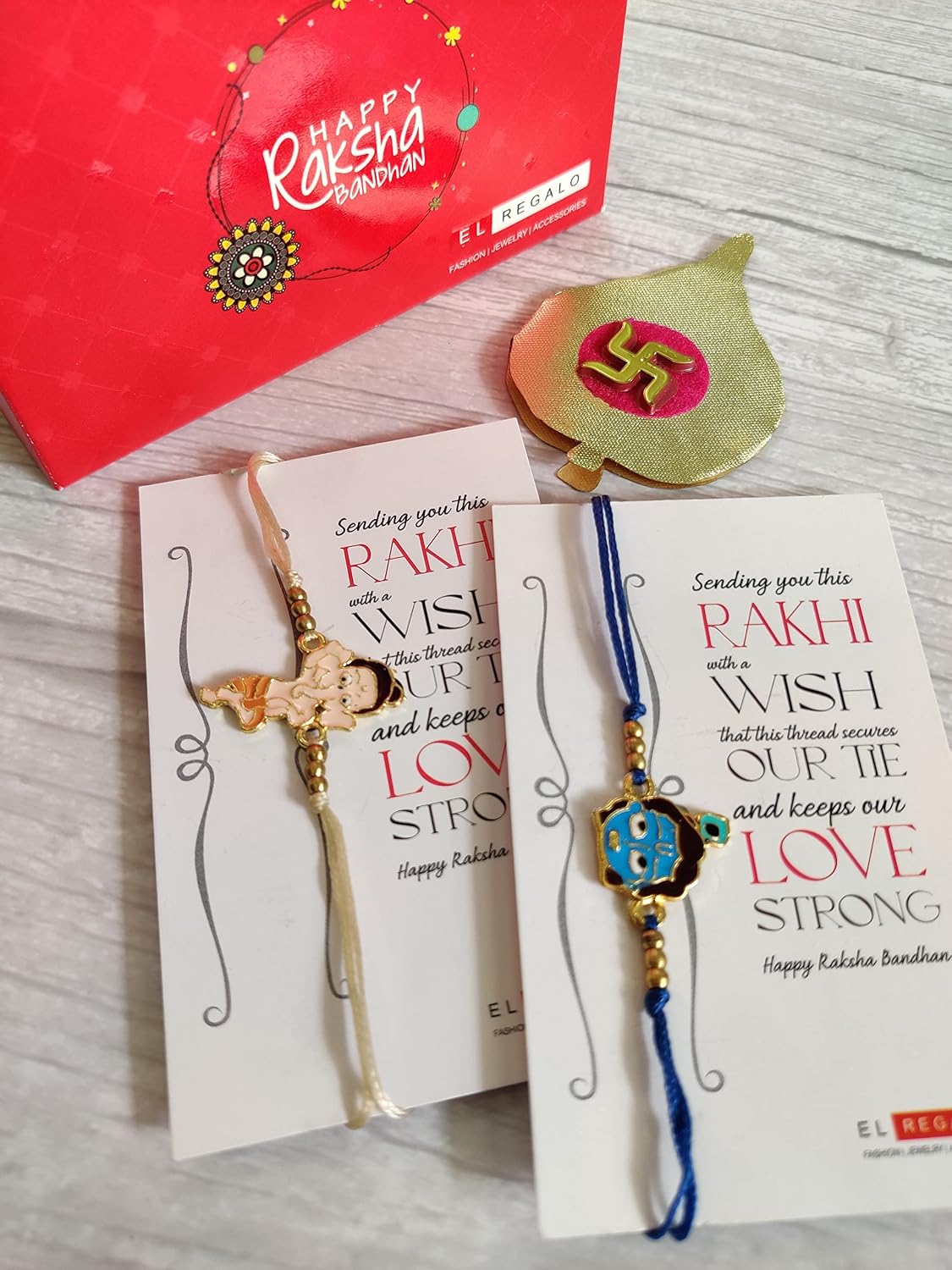 El Regalo 2 PCs Kids Rakhis Combo Set - beautiful 2 Kids Rakhis Set with shagun, Rakhi Message Card in Rakhi Gift Box for Little Brother/Niece/Nephew (Bal Ganesha & Krishna Rakhi)