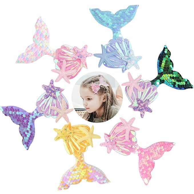El Regalo 6 PCs Mermaid Hair Clips Glitter Reversible Sequin Bows Barrettes Set for Baby Girl Kids Teens & Women