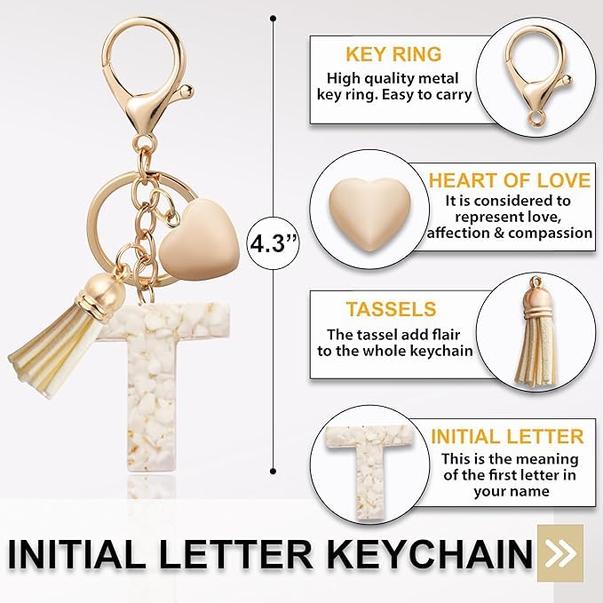 El Regalo Name Initials Letter Heart Charm Keychain - Personalized Resin Initial Keyring with Tassel, Cute & Durable Backpack Charm for Women & Girls (T Letter)