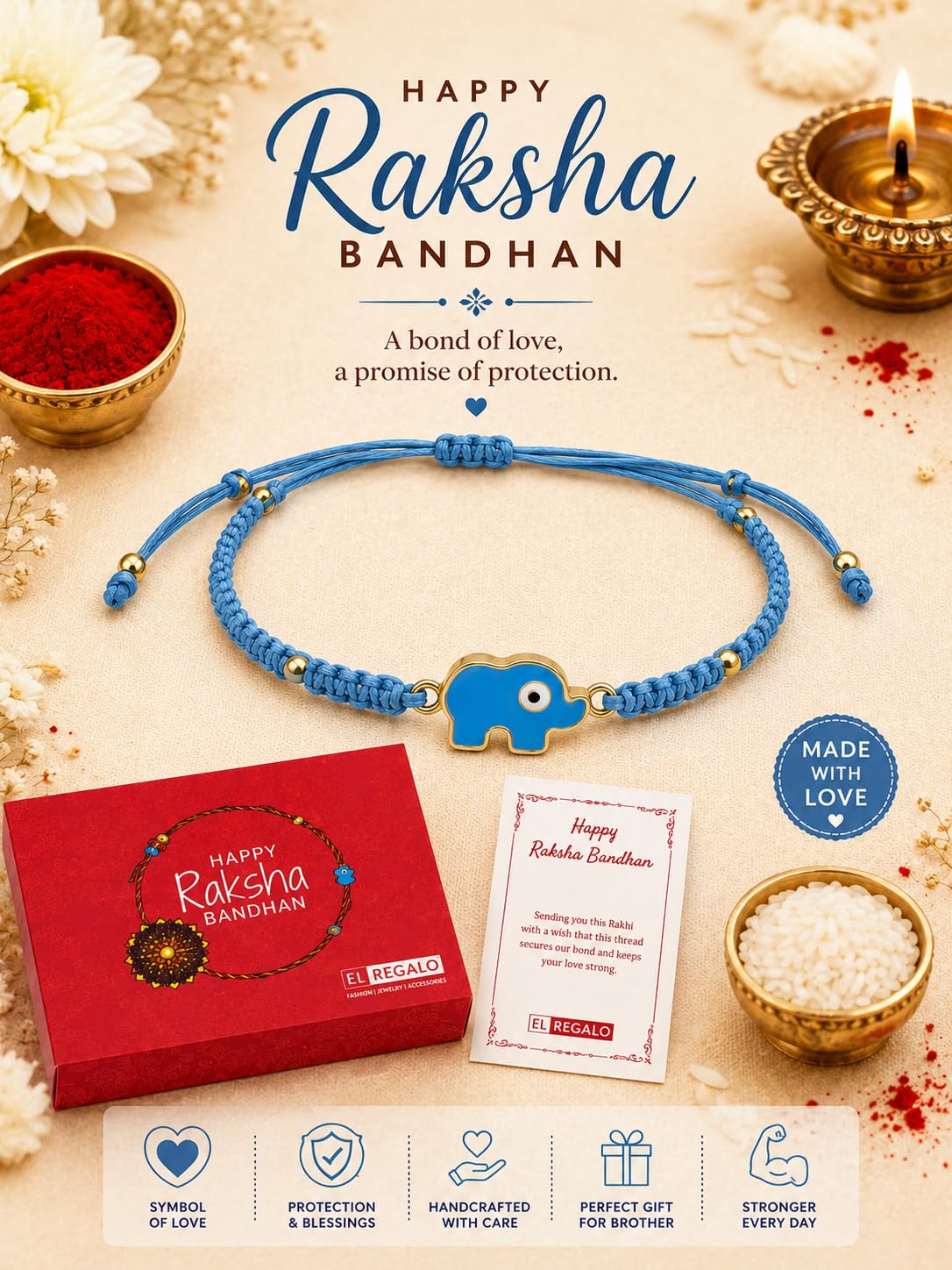 El Regalo 1PC Elephant Evil Eye Rakhi for Brother with & Message Card in Gift Box- Rakhi for Brother/Bhabhi/Niece or Nephew (Light Blue Elephant)