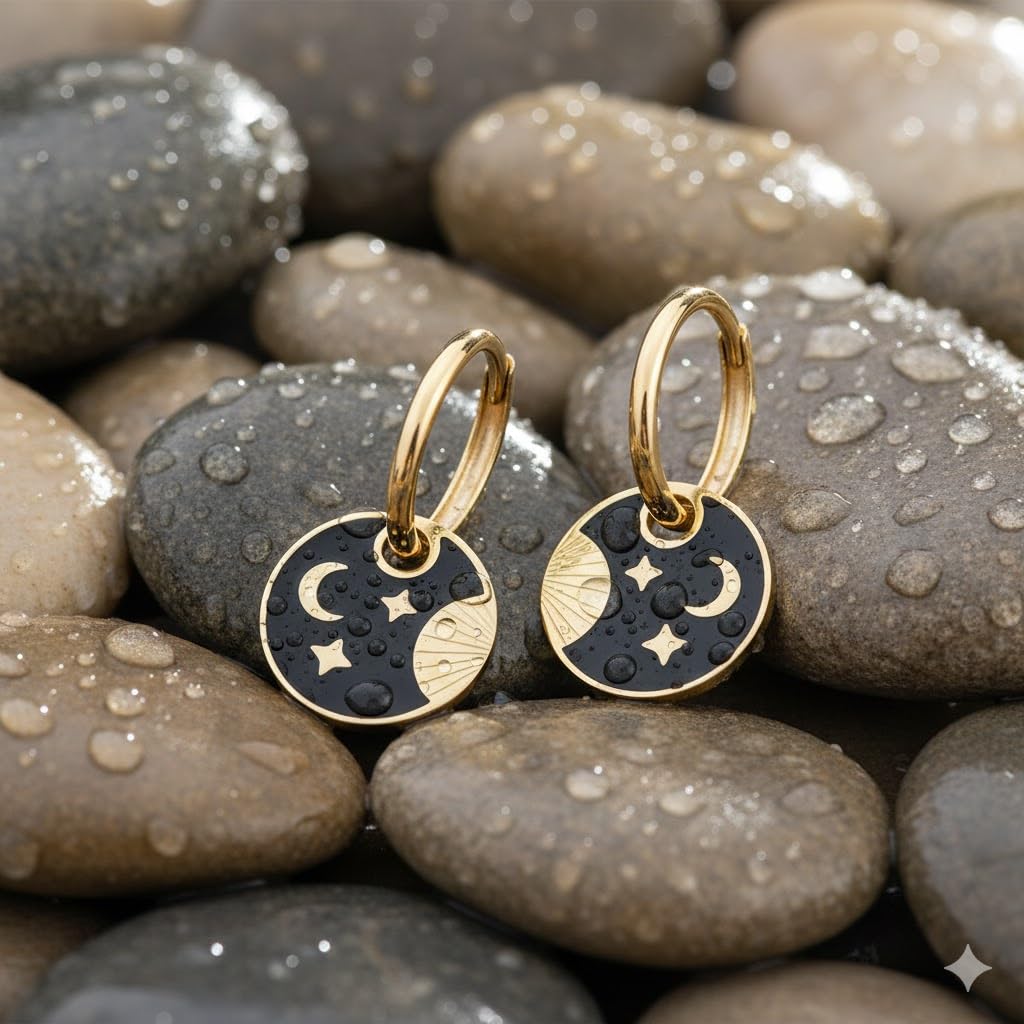 El Regalo Cute Stainless Steel Huggie Hoop Earrings for Girls & Women- Anti-Tarnish, Waterproof Daisy Floral/Moon-Stars Hoops (Moon Stars Hoops)