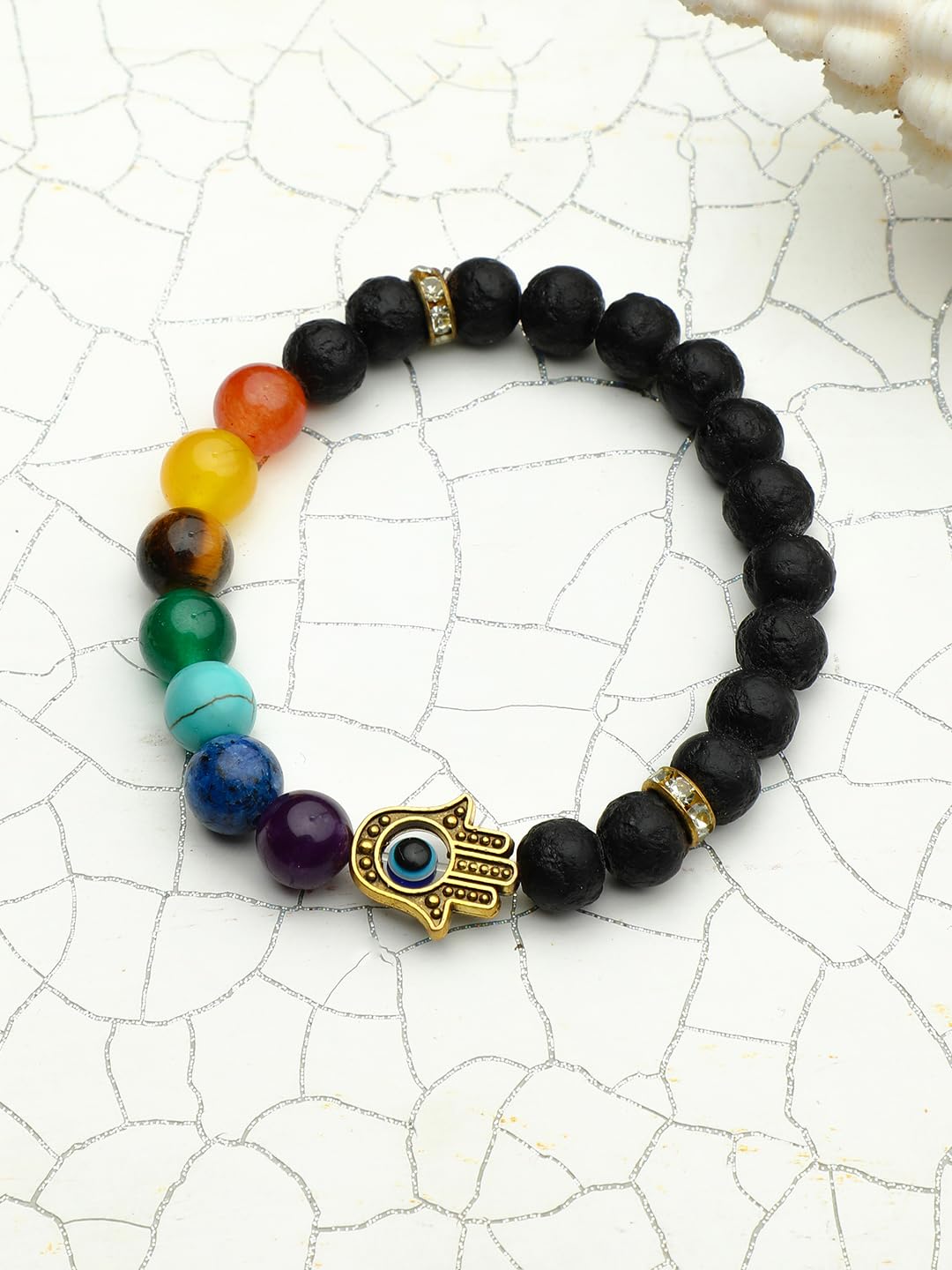 El Regalo 7 Chakra Hamsa Hand Evil Eye Unisex Bracelet for Men/Women/Girls/Boys- Yoga Reiki Natura Feng Shui Stones with Lava Beads Bracelet