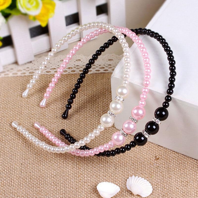 El Regalo 3 PCs Pearls Rehinestones Party Hairbands/Headbands for Girls- Pink, Black & White Pearl Beads Hairbands- Wedding Hair Accessories for Kids, Girls & Women