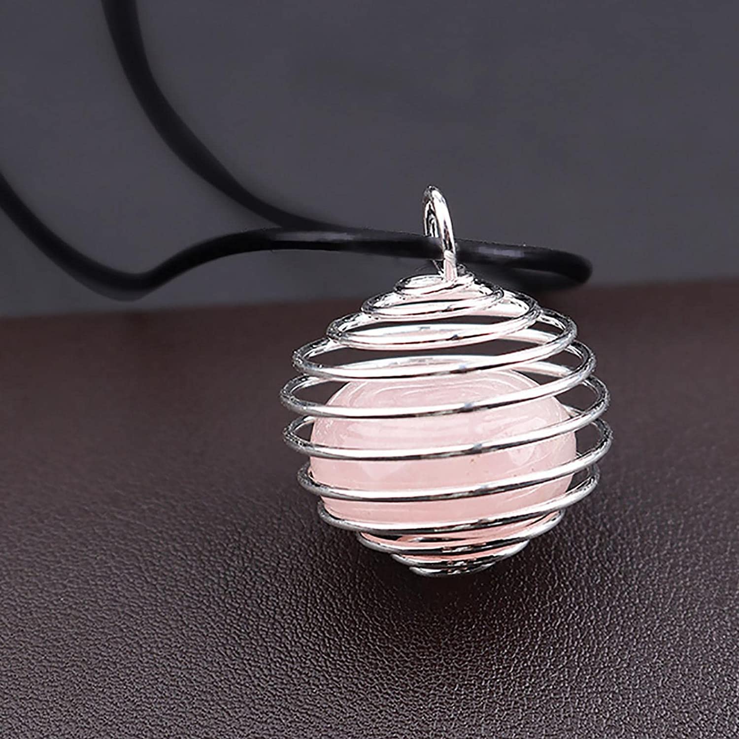 El Regalo 1 PC Healing Crystal Chakra Stone Necklace Gemstone Beads Round Iron Spiral Bead Cage Pendants Jewelry for Girls & Women (Rose Quartz)