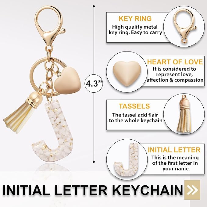 El Regalo Name Initials Letter Heart Charm Keychain - Personalized Resin Initial Keyring with Tassel, Cute & Durable Backpack Charm for Women & Girls (J Letter)