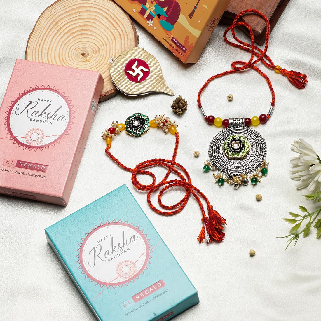 El Regalo Designer Bhaiya- Bhabhi Rakhi Luma/Lumba Set- Kundan, Pearls Rakhi with Roli Chawal in Gift Box- Luma Convertible into Necklace (Option-3)