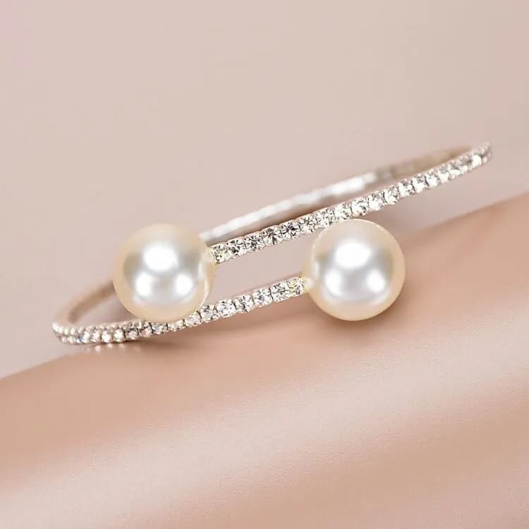 El Regalo Glamorous Pearls & Rhinestone Cuff for Girls & Women- Sleek & Elegant Pearls Bracelet