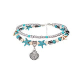 El Regalo Antique Silver Tone Multi Layer Turquoise Beach Beaded Bohemian Fashion Charm Anklets for Women & Girls (Shell Charm)