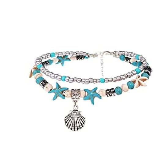 El Regalo Antique Silver Tone Multi Layer Turquoise Beach Beaded Bohemian Fashion Charm Anklets for Women & Girls (Shell Charm)