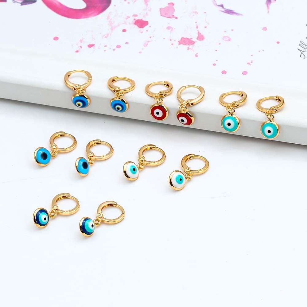 El Regalo 1 Pair Evil Eye Hoop Earrings - Small Dangle Hoop Earring Dainty Evil Eye Small Simple Hypoallergenic Earrings for Girls & Women (White Evil Eye)