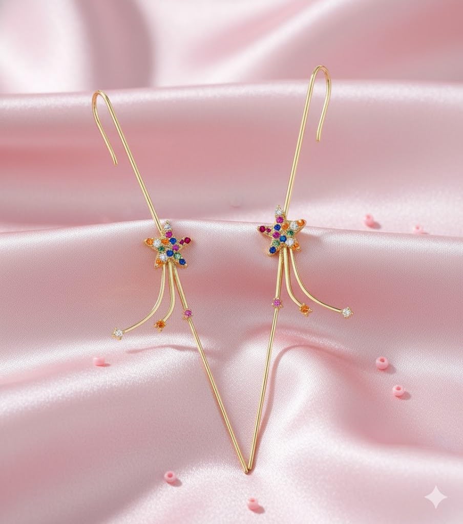 El Regalo 1 Pair Fancy Western Ear Wrap Needle Ear Crawler Earrings - Inlaid Zircon, Elegant Ear Cuff Climber Hook Earrings for Women Girls (CZ Shooting Stars)