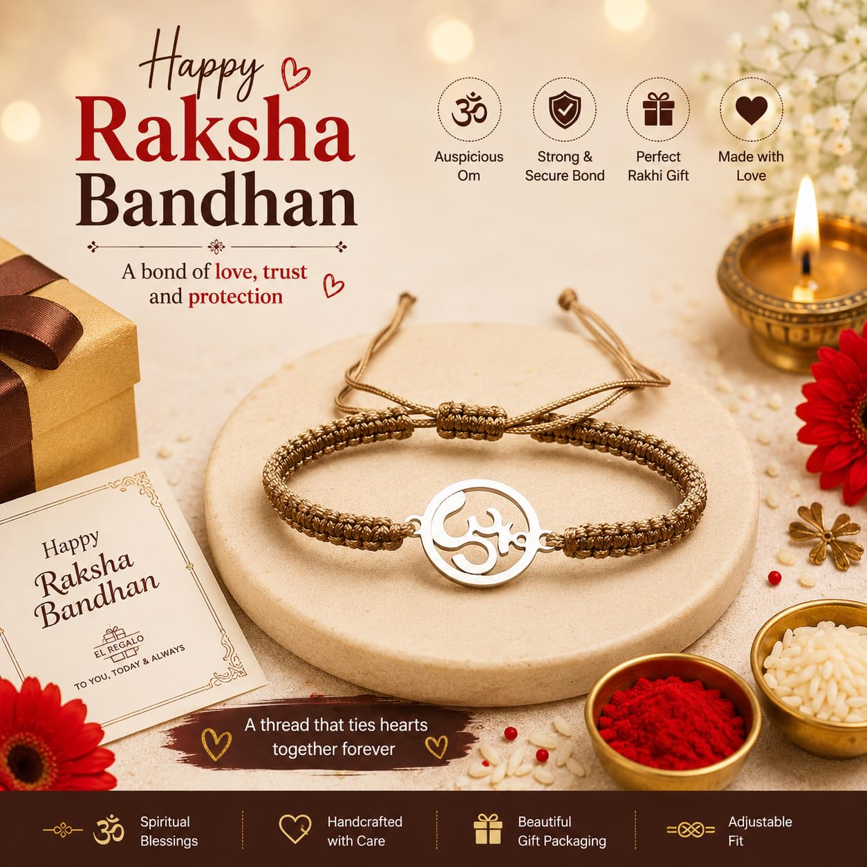 El Regalo Mens 1 PC Stainless Steel OM/Aum Golden Thread Rakhi for Brother - Anti Tarnish/Waterproof Adjustable Rakhi Bracelet for Bhai/Bhatija- Comes with Message Card, Roli-Chawal & Rakhi Box