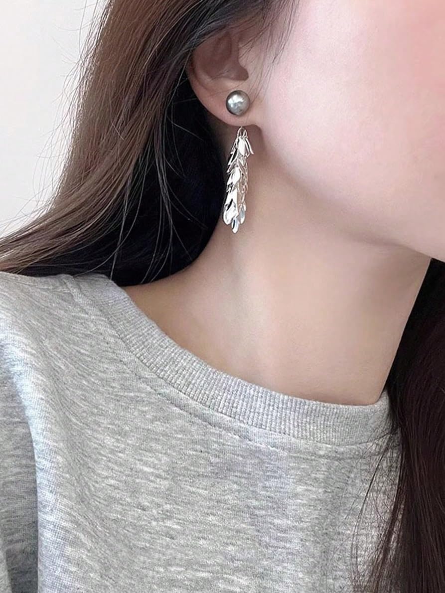 El Regalo Women's & Girl's Elegant Grey Iridescent Pearl Fringe Earrings - 2 Ways Wheat Fringed Ear Jacket Earrings, Lightweight, Versatile Design for Sophisticated Style