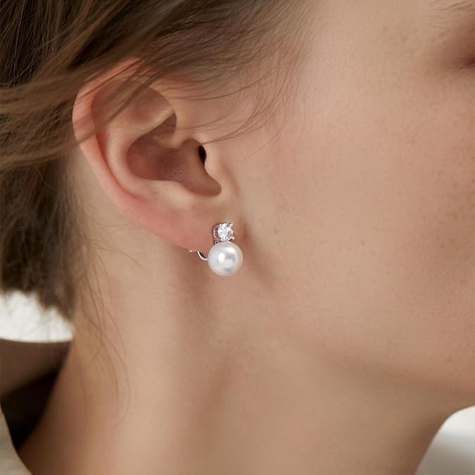 El Regalo CZ Pearl Clip-On Earrings for Women & Girls | Non-Pierced Earrings with CZ Sparkle | Elegant Clip On Pearl Earrings for Weddings, Parties & Casual Wear (Silver)