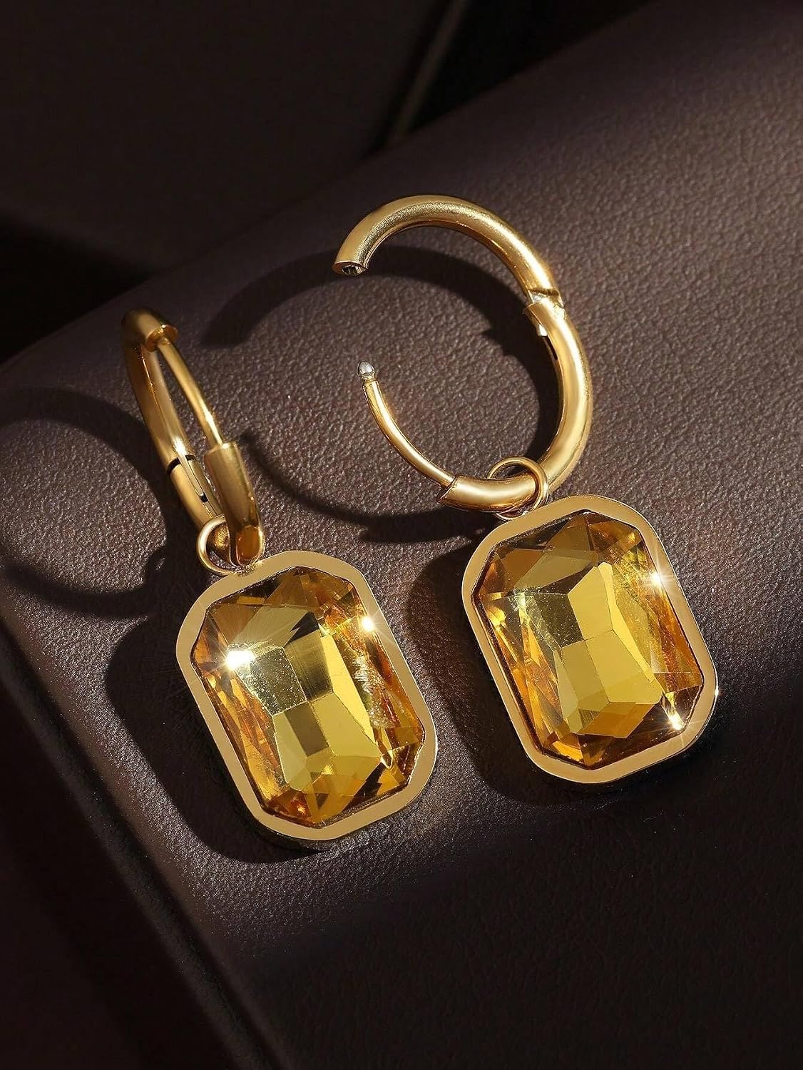 El Regalo Stainless Steel Rectangular Cut Rhinestone Hoop Earrings - Elegant 18K Gold Plated Waterproof Vintage-Inspired Cubic Zirconia Huggie Hoops for Women (Golden Yellow)