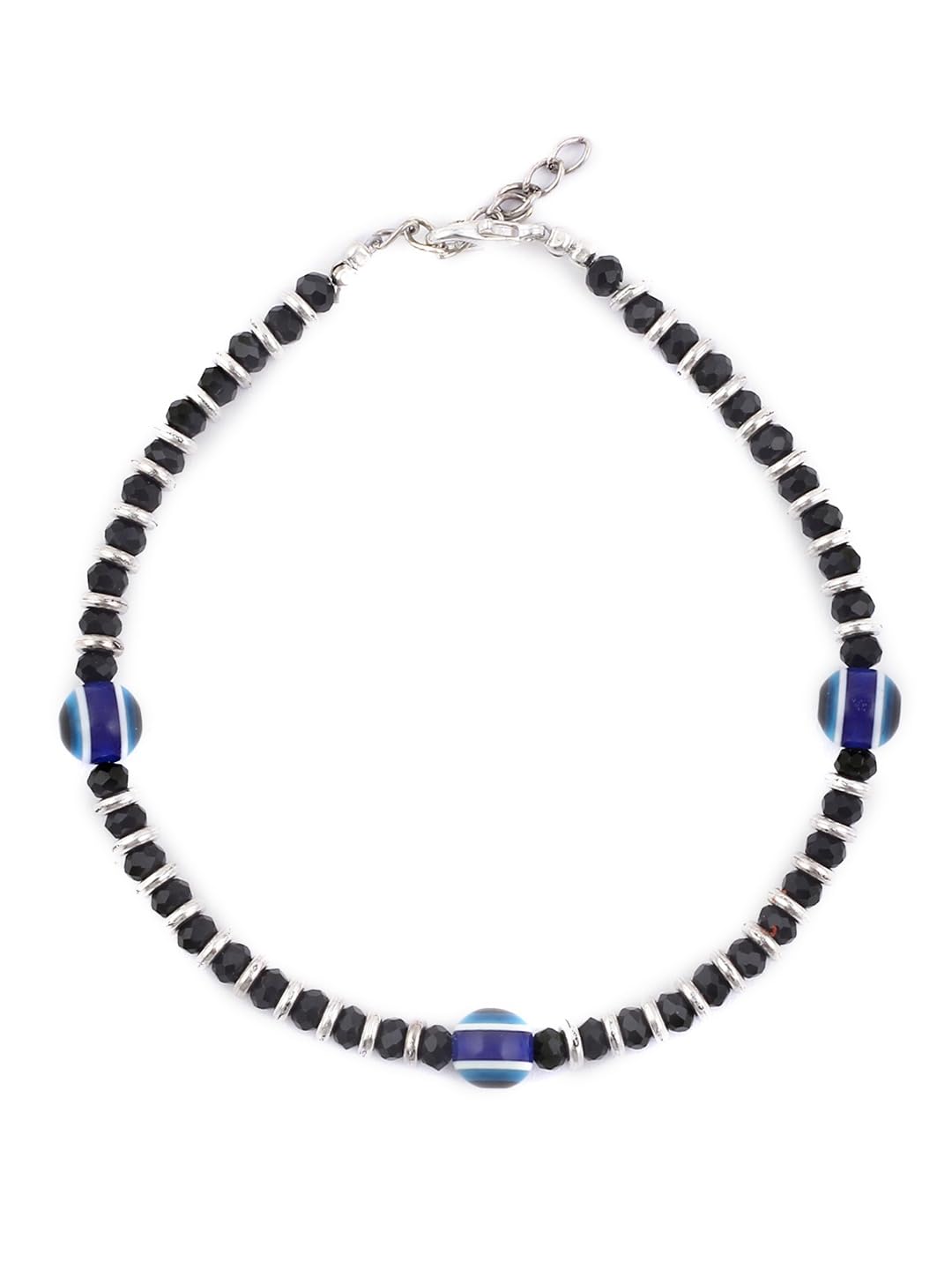 El Regalo Womens Set of 2 German Silver Blue & Black Evil Eye Beaded Anklets