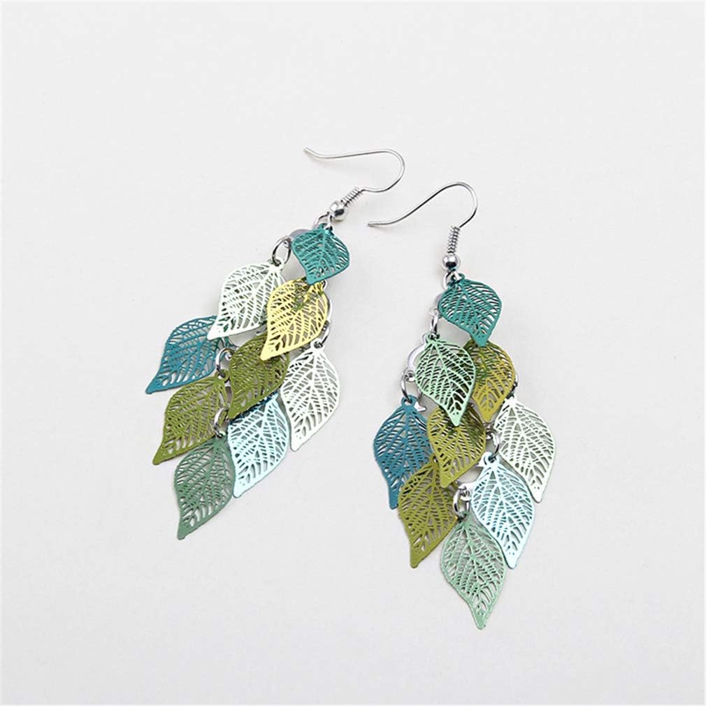 El Regalo 1 Pair Pretty Leaves Bunch Chandelier Earrings for Girls & Women- Boho Lightweight Hollow Filigree Leaves Drop Earrings (Green Yellow Shades)