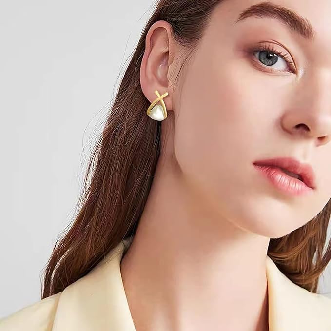 El Regalo Classic Cross Pearl Stud Earrings - Modern Geometric Triangle Design with Faux Pearls - Lightweight and Comfortable- Elegant Gift for Women