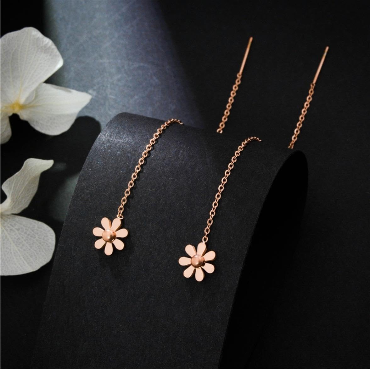 El Regalo Stainless Steel Ati Tarnish- NO RUST Earrings- Rose Gold Plated Stainless Steel Cute Stud Earrings for Women/Girls (Flower Threader Earrings)