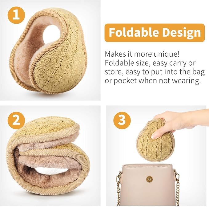 El Regalo 1PC Unisex Warm Knit Earmuffs- Winter Outdoor Fur Earwarmer, Foldable, Adjustable Wrap Ear Warmer for Girls/Boys/Men/Women (Peach Knitted)