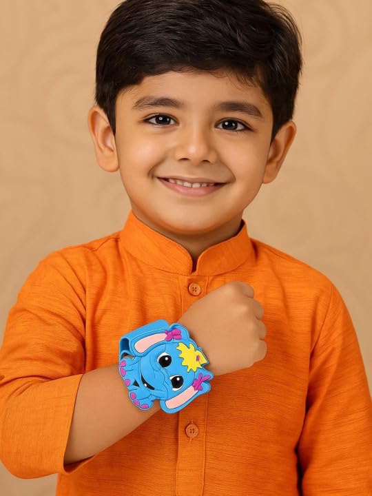 El Regalo Cute Slap Band Bracelet Rakhi for Kids Boys & Little Brother | Fun Quirky Silicone Slap Wristband Rakhi for Toddlers & Children with Roli Chawal Pack and Gift Box- Elephant