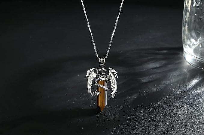 El Regalo Goth Gothic Viking Dragon Crystal Pendant Necklace for Men & Boys | Dragon Wing Necklace | Punk Biker Fantasy Statement Jewelry (Brown)