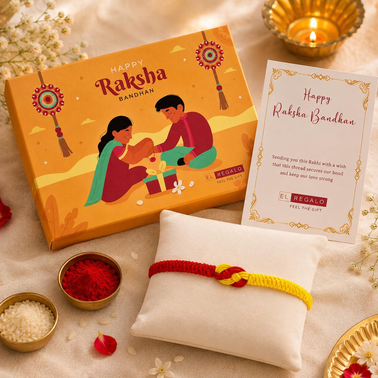 El Regalo 1PC Infinity Love Knot Lucky Rakhi for Brother - Hand Braided Amulet Knot Thread String Rakhi with Roli Chawal, Rakhi Message Card in Gift Box (Red & Yellow Mix)