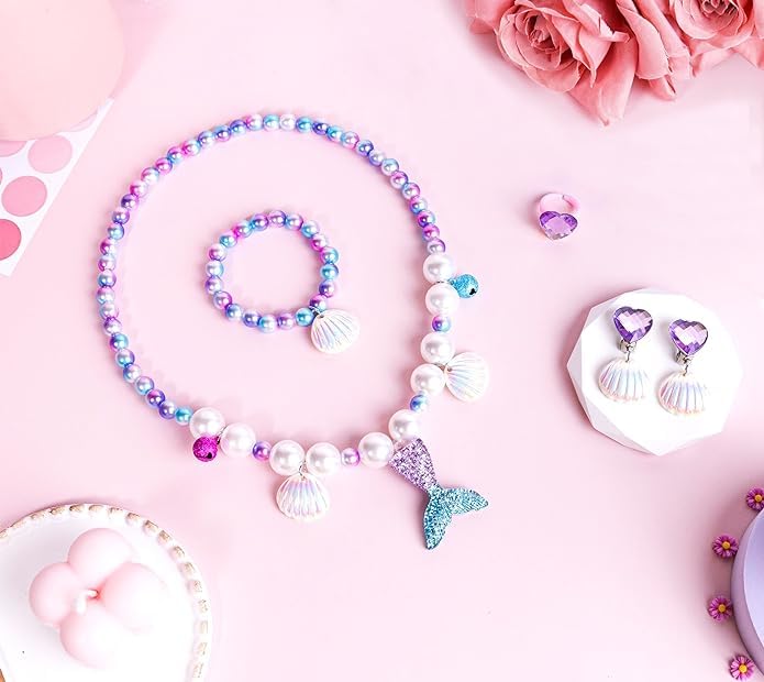 El Regalo Mermaid Jewelry for Girls,Toddler Mermaid Accessories for Kids Mermaid Necklace for Girls Mermaid Jewelry Set with Mermaid Purse Costume Jewelry (Ocean Blue)