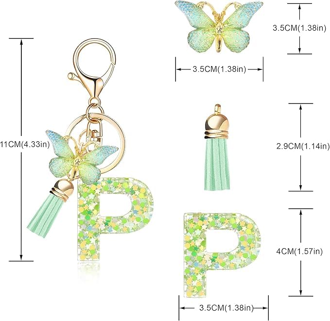 El Regalo Personalized Name Initials Butterfly Charm Keychain - Name Letters Keyring with Green Butterfly & Stars Filled Resin & Tassel Pendant, Purse, Bag, Backpack Accessory (Letter P)