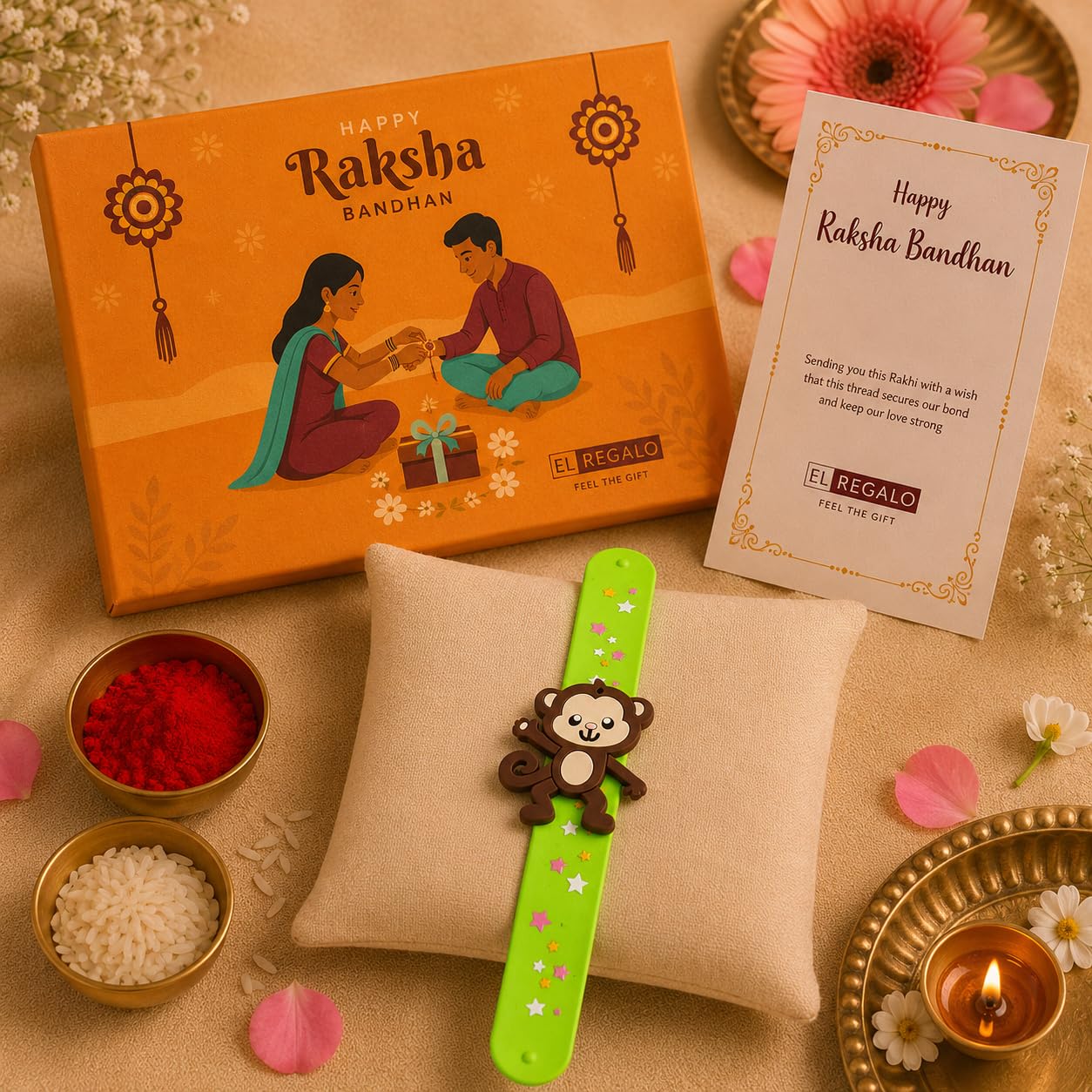 El Regalo Cute Slap Band Bracelet Rakhi for Kids Boys & Little Brother | Fun Quirky Silicone Slap Wristband Rakhi for Toddlers & Children with Roli Chawal Pack and Gift Box (Monkey)