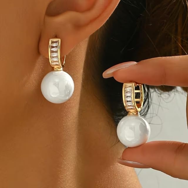 El Regalo Premium Inlaid CZ Pearl Hoop Earrings for Women & Girls | Elegant Korean Style Pearl Drop Huggie Earrings | Party, Wedding & Daily and Office Jewelry (White)