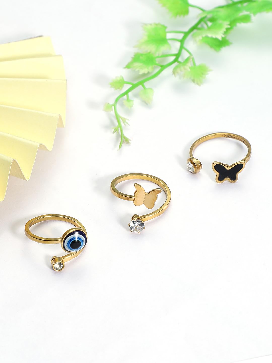 El Regalo 3PCs Waterproof Stainless Steel Rings Combo Set- Anti Tarnish Evil Eye & Butterfly Rings for Girls & Women (Non- Adjustable) (17)