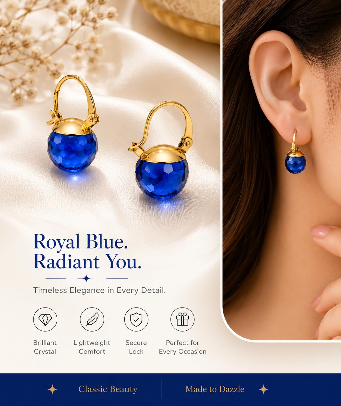 El Regalo Elegant & Graceful Aquamarine Austrian Crystal Earrings for Girls & Women- Sparkly Austrian Crystal Disco Ball Earrings (Indigo Blue)