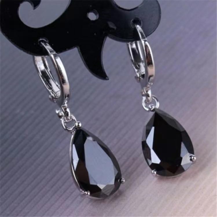 El Regalo Cute Cubic Zirconia Cut Stones Hoop Earrings for Girls & Women- Classic Teardrop Shape Zircon Drop Dangle Earrings (Black)