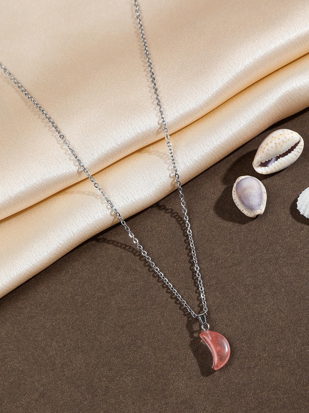El Regalo Beautiful Agate Crescent Moon Pendant Necklace with Stainless Steel Chain for Girls & Women (Peachy Pink Moon)