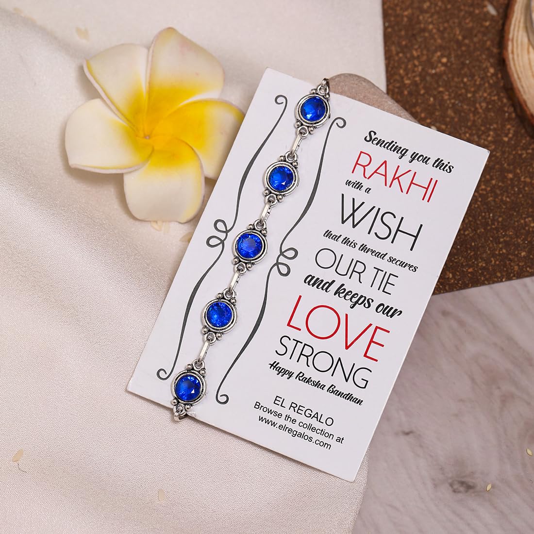 El Regalo 1PC Designer Stones Studded Bracelet Rakhi for Brother/Bhai- Rakhi with Roli-Chawal Shagun, Message Card in Rakhi Gift Box (Blue)