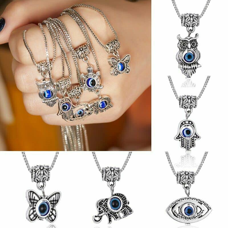 El Regalo Womens 6 Pcs Evil Eye Protection Pendant Necklaces For All - Butterfly, Elephant, Turtle, Elephant, Owl, Hamsa Hand & Eye