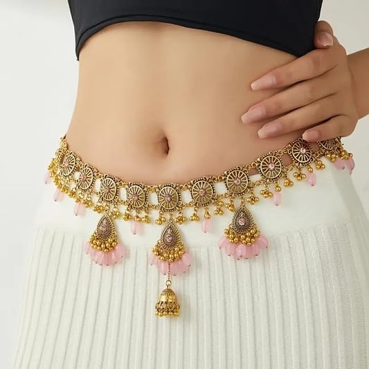 El Regalo Bohemian Vintage Hollow Waist Chain for Women - Indian Ethnic Golden Belly Chain with Beads, Tassels, Jhumkas & Bells - Adjustable Waist/Hip Body Belt for Saree, Lehenga & Dresses (Pink)
