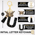 El Regalo Personalized Name Initials Butterfly Charm Keychain - Name Letter Keyring with Black & Golden Tassel & Butterfly Pendant, Purse, Bag, Backpack Accessory (U Letter)