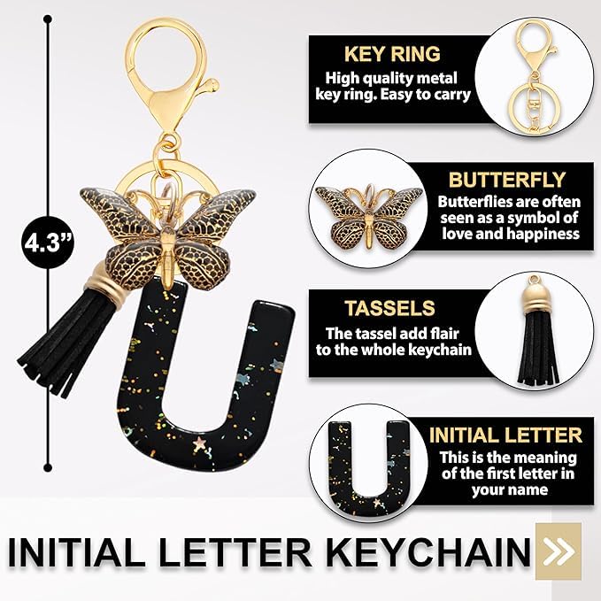 El Regalo Personalized Name Initials Butterfly Charm Keychain - Name Letter Keyring with Black & Golden Tassel & Butterfly Pendant, Purse, Bag, Backpack Accessory (U Letter)