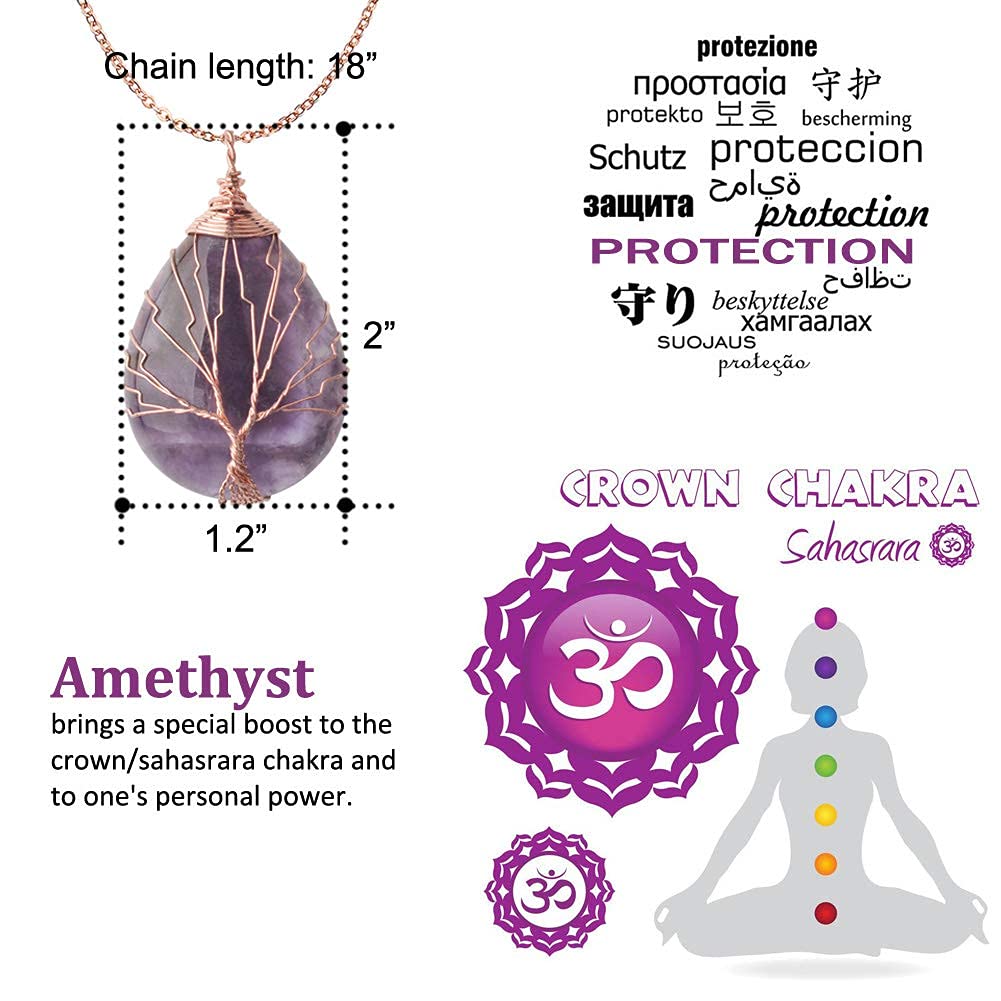 El Regalo Tree of Life Wire Wrapped Drop Natural Stones Healing Crystal Chakra Pendant Necklace - Unique Handcrafted Gemstones Pendant Necklaces (Amethyst) For Unisex Adult