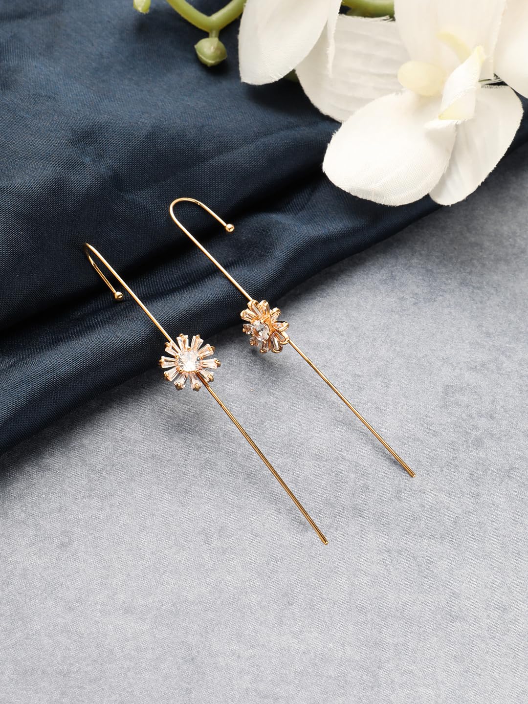 El Regalo 1 Pair Fancy Western Ear Wrap Needle Ear Crawler Earrings - Inlaid Zircon, Elegant Ear Cuff Climber Hook Earrings for Women Girls (Stylish CZ Flowers)