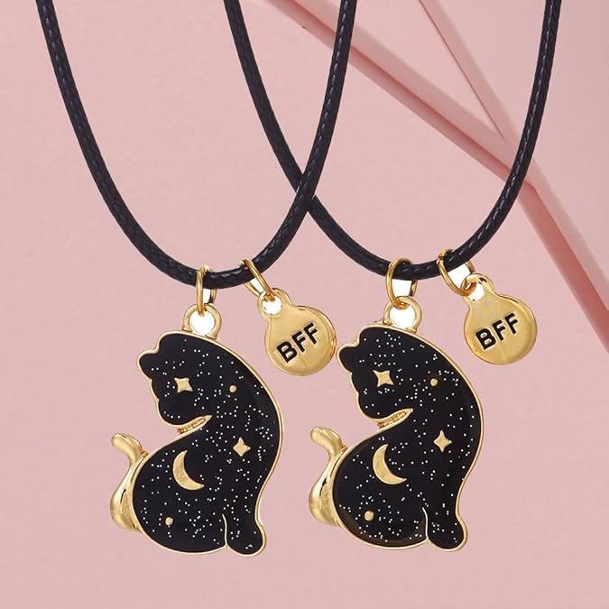 El Regalo Womens 2PCs BFF Best Friends Cats with Moon Stars Necklaces Set- Best Friends Necklace for 2 Color Change Due to Temperature BFF Jewelry Friendship Gifts