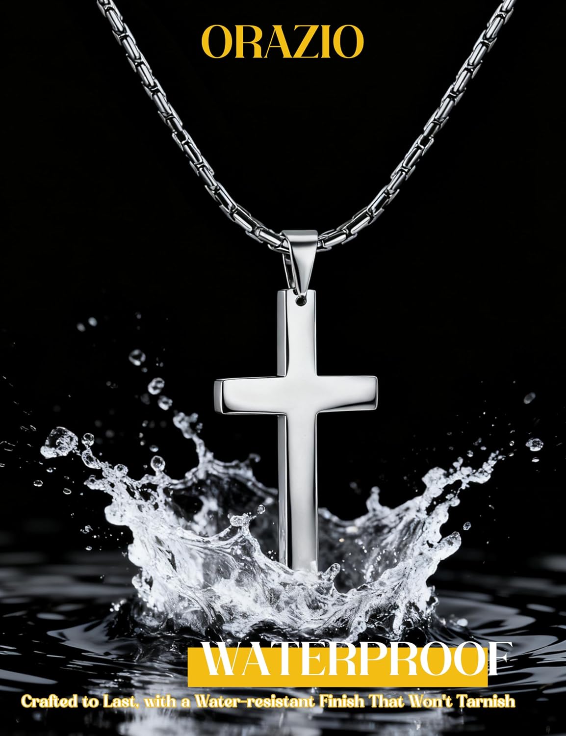 ORAZIO 3MM Stainless Steel Chain Cross Pendant Necklace for Men Silver Tone 30 Inches