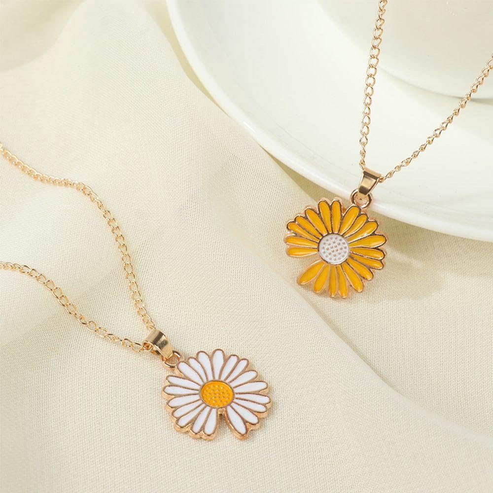 El Regalo 2 PCs White & Yellow Daisy Flower Pendant Necklace for Kids/Girls/Teens & Women- Gift for Her