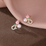 El Regalo Cute Tiny Pink Tulip Flower Bud Stud Earrings for Girls & Women (Tulip Bud with Pearl)