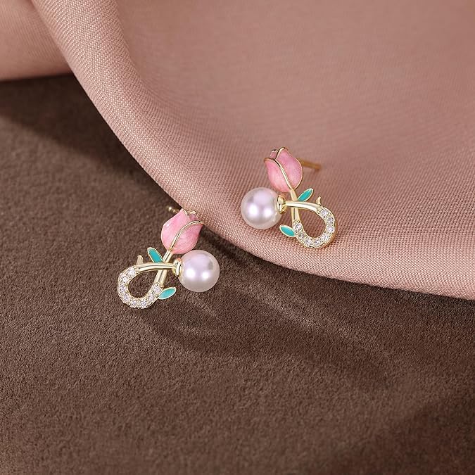 El Regalo Cute Tiny Pink Tulip Flower Bud Stud Earrings for Girls & Women (Tulip Bud with Pearl)